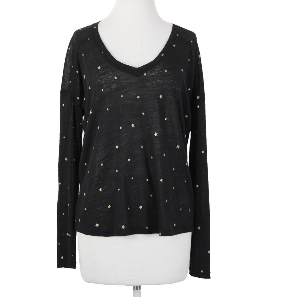 Rails Sz S Black Gold Stars V Neck Sheer Long Sleeve Linen Lyocell Tencel Top